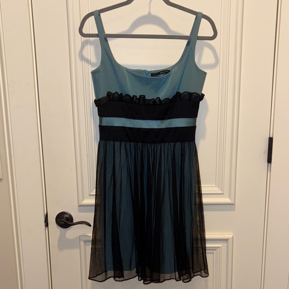Jay Godfrey Women’s Designer Vintage Teal and Black Ruffled Mini Dress Size 4 - Picture 1 of 6
